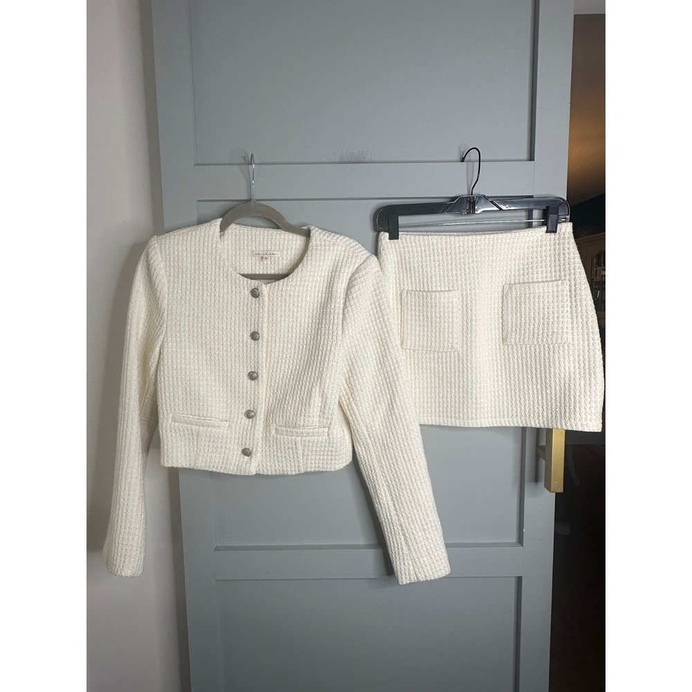 Et Clet Cream White Wool Blend Tweed Cropped Jacket and Mini Skirt Set M/S